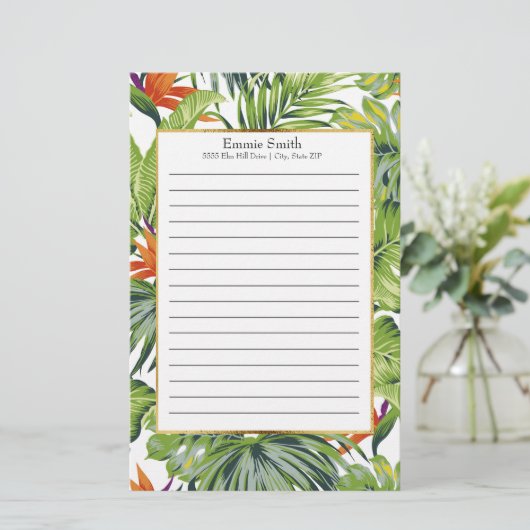 Aangepaste Tropische Leaves Oranje Flowers Briefpapier (Staand voorkant)