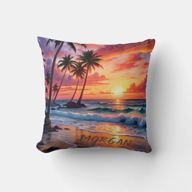 Aangepaste tropische strand zonsondergang | kustku kussen (Voorkant)