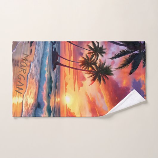 Aangepaste tropische strand zonsondergang | kustsp handdoek (Handdoek)