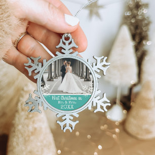 Aangepaste trouwfoto turquoise eerste kerst Mis & Tin Sneeuwvlok Ornament