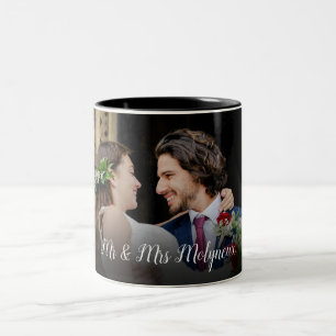 Aangepaste trouwfoto voor meneer en mevrouw tweekleurige koffiemok