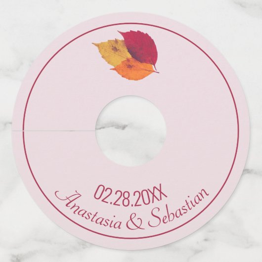 Aangepaste trouwnaam datum Kleurrijke herfstblader Wijnglaslabel (Voorkant)