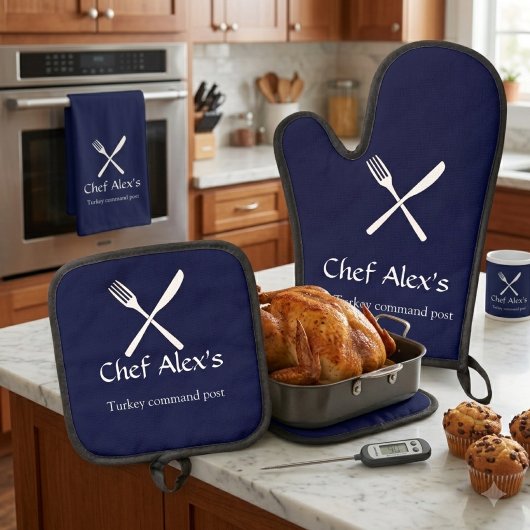 Aangepaste "Turkey Command Post" Thanksgiving Ovenwant & Pannenlap Set