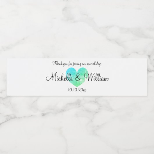 Aangepaste turquoise blauw  hart bruiloft waterfles etiket (Enkel label)