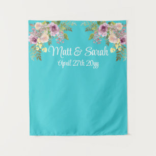 Aangepaste turquoise blauwe bruiloft receptie phot wandkleed