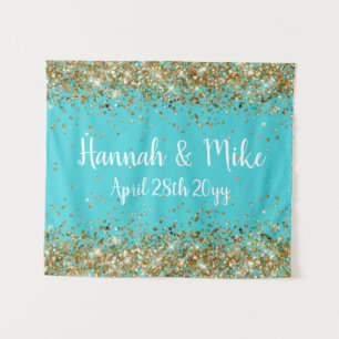 Aangepaste turquoise blauwe en gouden bruiloft Pho Wandkleed