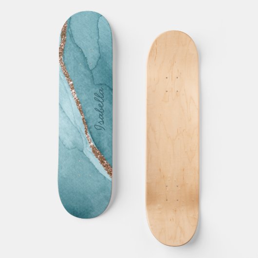 Aangepaste Turquoise Blauwgroen Gold Marble Agate Skateboard (Voorkant)