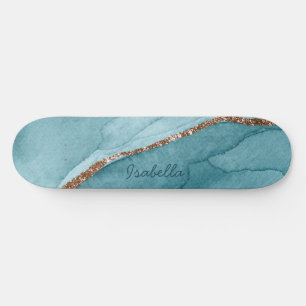 Aangepaste Turquoise Blauwgroen Gold Marble Agate Skateboard