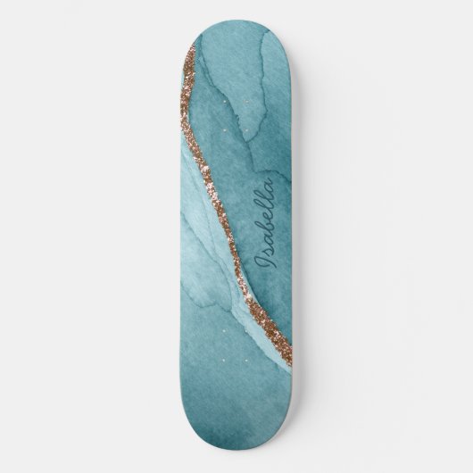 Aangepaste Turquoise Blauwgroen Gold Marble Agate Skateboard (Voorkant)