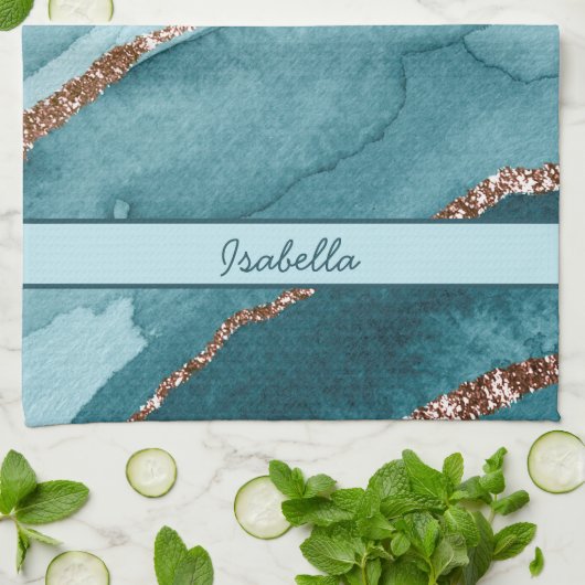 Aangepaste Turquoise Blauwgroen Gold Marble Agate Theedoek (Gevouwen)