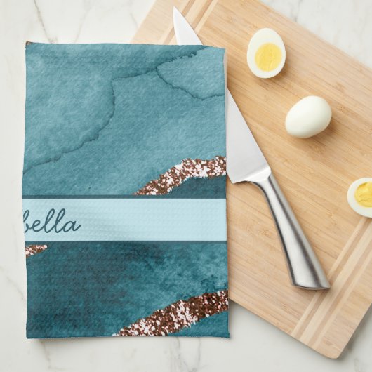Aangepaste Turquoise Blauwgroen Gold Marble Agate Theedoek (Quarter Fold)