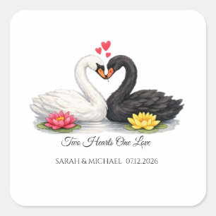 Aangepaste Twee Hartén Eén Liefde Zwanen Vierkante Sticker