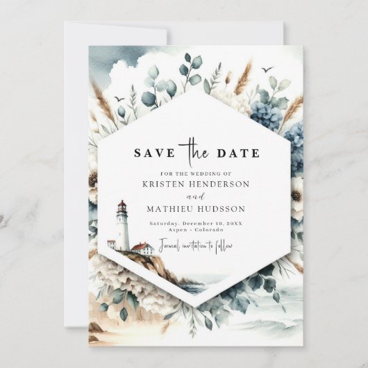 Aangepaste Typografie Vuurtoren bruiloft Save The Date (Voorkant)