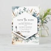 Aangepaste Typografie Vuurtoren bruiloft Save The Date (Staand voorkant)
