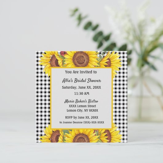 Aangepaste Uitnodiging Gingham & Zonnebloemen Ontw (Staand voorkant)
