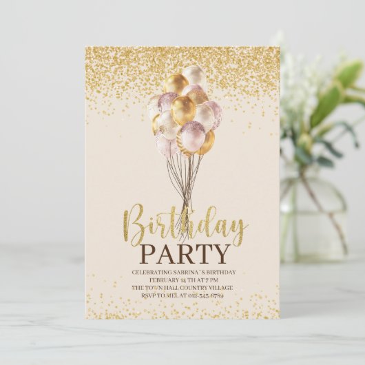 Aangepaste uitnodiging voor Birthday Party Gold en (Staand voorkant)