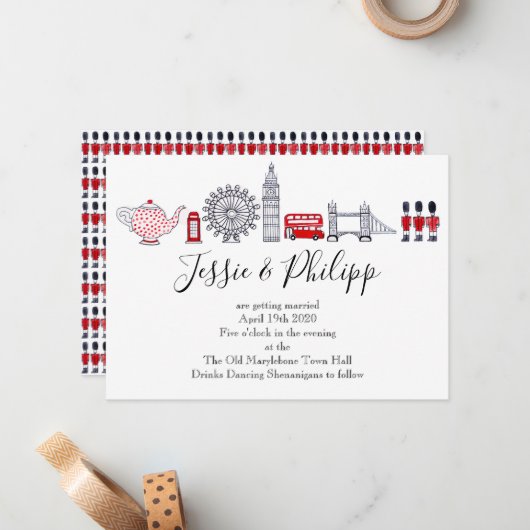 Aangepaste uitnodiging voor Londense bruiloft (Voorkant / Achterkant in situ)