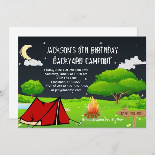 Aangepaste uitnodiging voor thuisfeesten Campout (Voorkant / Achterkant)