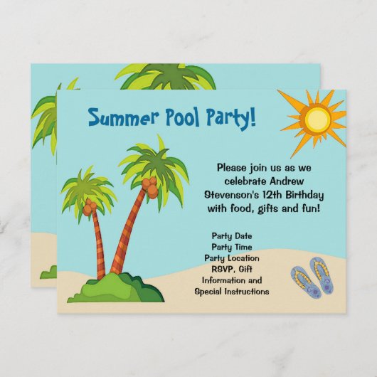 Aangepaste uitnodiging, Zomerzwembad Party Thema o Kaart (Voorkant / Achterkant)