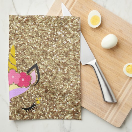 Aangepaste Unicorn Gold Glitter Kitchen Towel Theedoek (Quarter Fold)