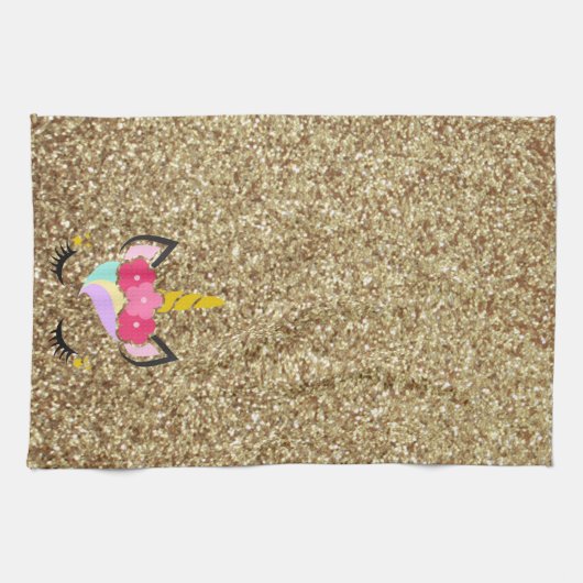 Aangepaste Unicorn Gold Glitter Kitchen Towel Theedoek (Horizontaal)