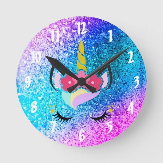 Aangepaste Unicorn Ombre Glitter Wall Clock Ronde Klok (Voorkant)