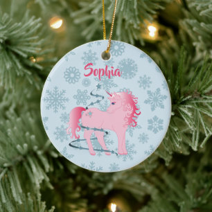 Aangepaste Unicorn Pink Cute Girl Kerstgeloof Keramisch Ornament