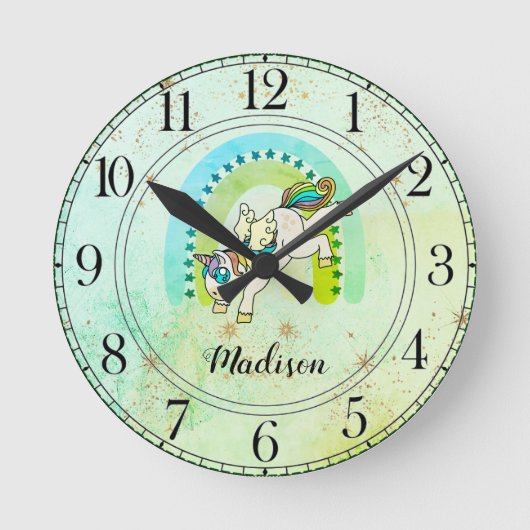 Aangepaste Unicorn Rainbow-Waterverf Ronde Klok (Voorkant)