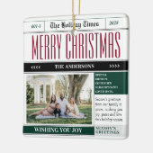 Aangepaste Vakantie Tijden Krant Kerstfoto Keramisch Ornament (Links)