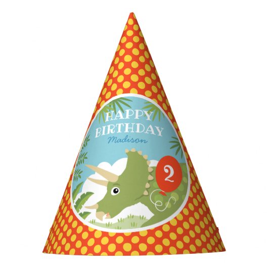 Aangepaste Verjaardag Dinosaurus Triceratops Elke  Feesthoedjes (Voorkant)