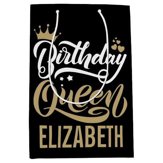 Aangepaste verjaardag koningin zwart en goud geper medium cadeauzakje (Voorkant)