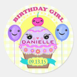 Aangepaste Verjaardag Meisje Kawaii Cupcake Sticke Ronde Sticker