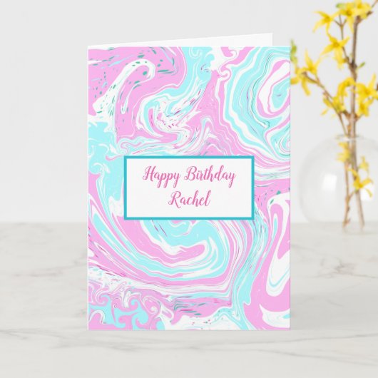 Aangepaste verjaardag | Roze en blauwe marmer Kaart (Gele Bloem)