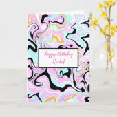 Aangepaste verjaardag | Roze en zwarte marmer Kaart (Gele Bloem)