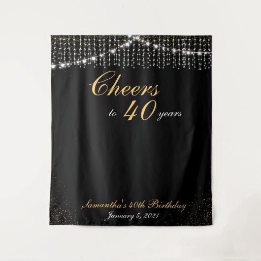 Aangepaste verjaardag slingerlampjes gouden achter wandkleed (Voorkant)