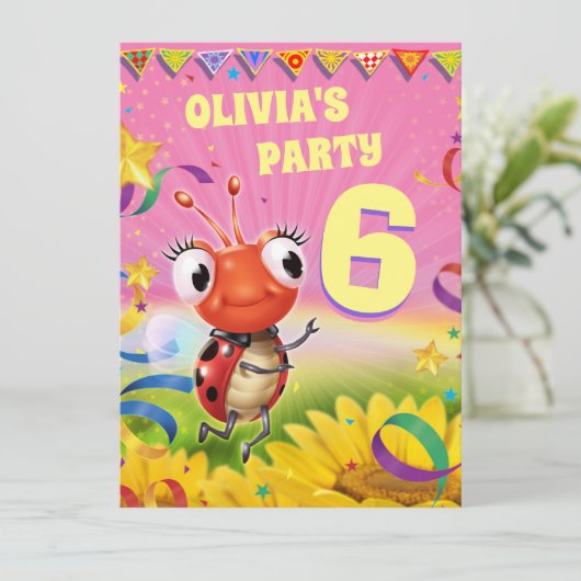 Aangepaste Verjaardagsfeest nodigen meisje van 6 j Kaart (Staand voorkant)