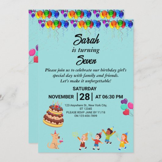 Aangepaste verjaardagsuitnodiging met kleurrijk on kaart (Voorkant / Achterkant)