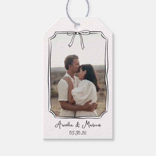 Aangepaste Verloving Foto Coquette Bow Lijst bruil Cadeaulabel (Voorkant)