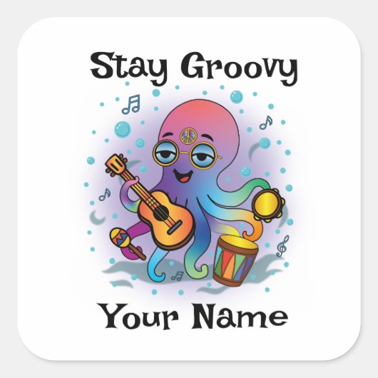 Aangepaste vierkante sticker | Retro octopus naam (Voorkant)