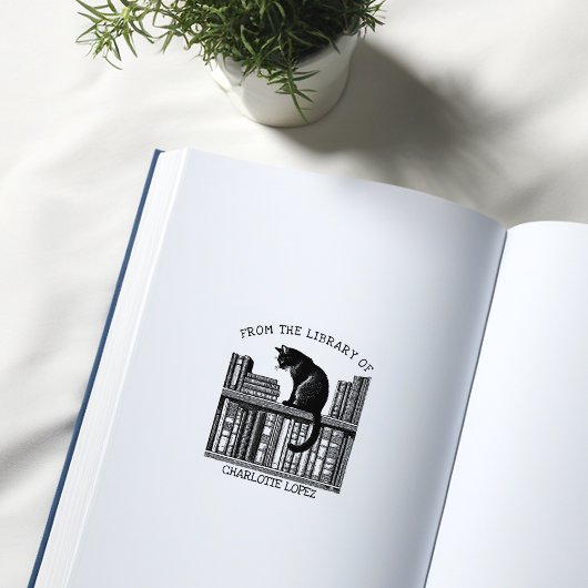 Aangepaste vintage bibliotheekkat, boek 	rubberstempel
