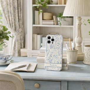 Aangepaste Vintage Blauwe Wilde Bloem Franse Toile iPhone 15 Pro Max Hoesje