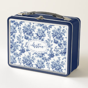 Aangepaste Vintage Bloem Navy Blauwe Toile Monogra