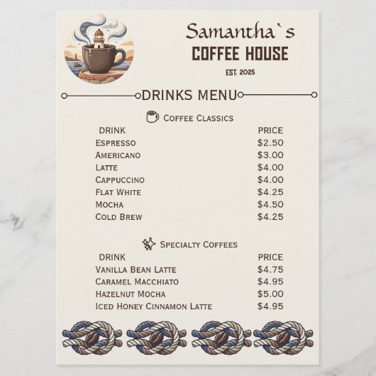 Aangepaste Vintage Kustkroeg Merchandise Menu (Voorkant)