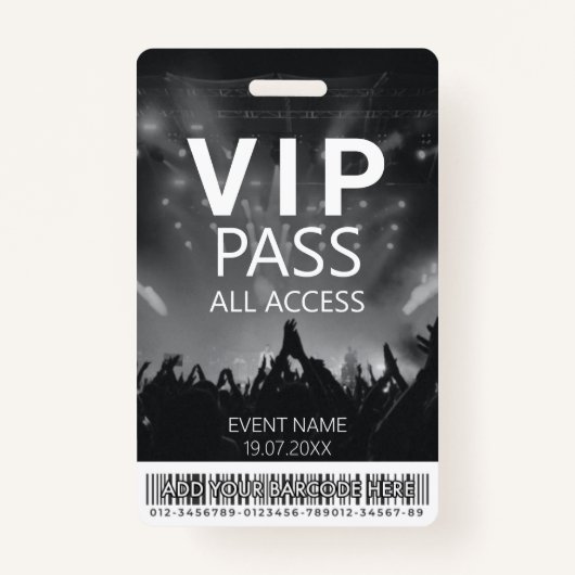 Aangepaste VIP All Access Barcode Zwart & Wit Badge (Voorkant)