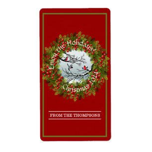 Aangepaste vogels in needles rode bessen etiket