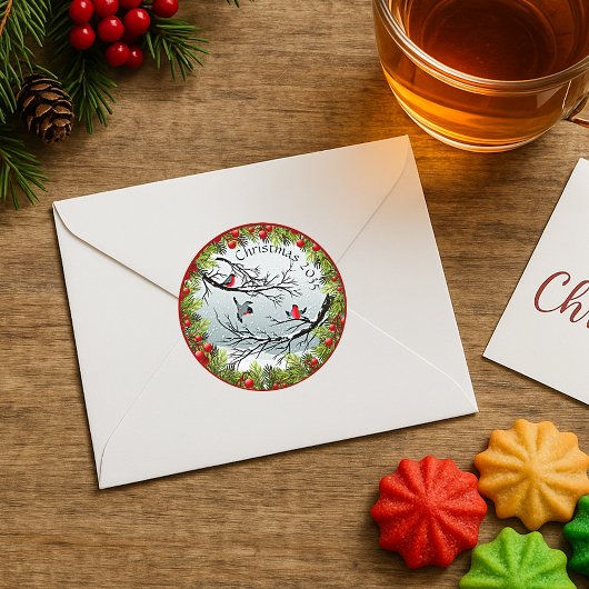 Aangepaste vogels in needles rode bessen ronde sticker