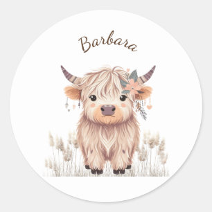 Aangepaste voornaam Schattige Modern Boho Highland Ronde Sticker