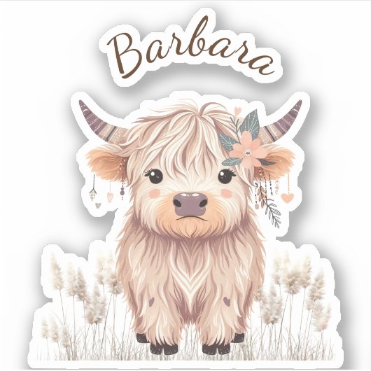 Aangepaste voornaam Schattige Modern Boho Highland Sticker (Voorkant)