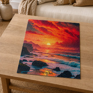 Aangepaste vurige zonsondergang kustlijn – Oceaan Legpuzzel