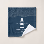Aangepaste vuurtoren Boat Naam Blauw Nautisch Bad Handdoek (Wasdoekje)